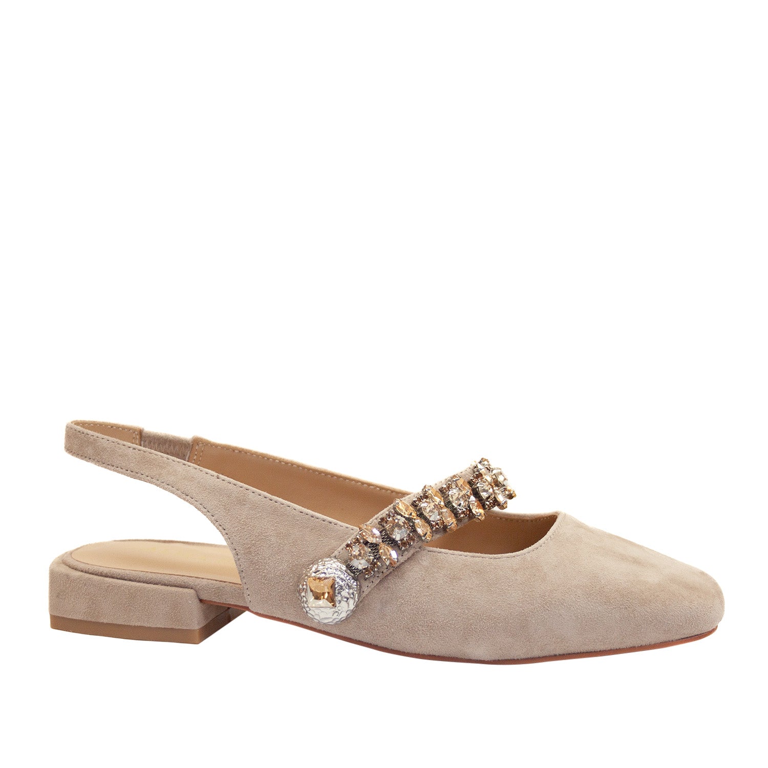 Eleganckie beżowe baleriny bez pięty z szerokim paskiem ozdobionym kryształkami, widok z przodu i boku.