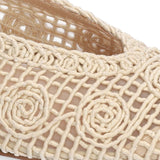 Zbliżenie na kremowe baleriny Bibi Lou – ażurowy wzór z tekstylnych nici i spiralna dekoracja w stylu boho