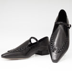 Baleriny Tuffoni – czarne, skórzane, Mary Jane, ze skóry naturalnej ma niskim obcasie - widok z przodu.