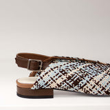 Zbliżenie na fakturę plecionki i detale skóry oraz klamry balerin Tuffoni.