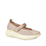 Ujęcie balerin Wonders z pudroworóżowej siateczki z przodu i z boku, ukazujące elastyczną podeszwę i sportowy fason.