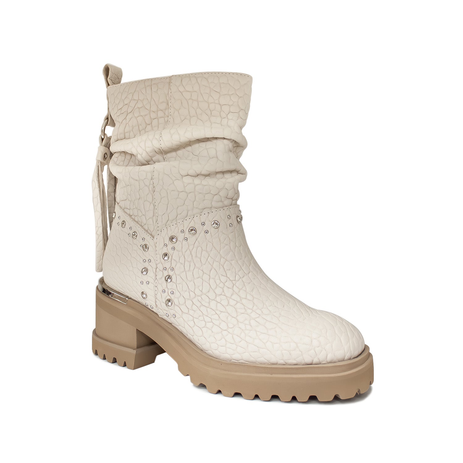 Hiszpańskie botki Alma En Pena z tłoczonej, naturalnej skóry nubukowej, w stylu boho, ocieplane polarem na obcasie i platformie - widok pod kątem.