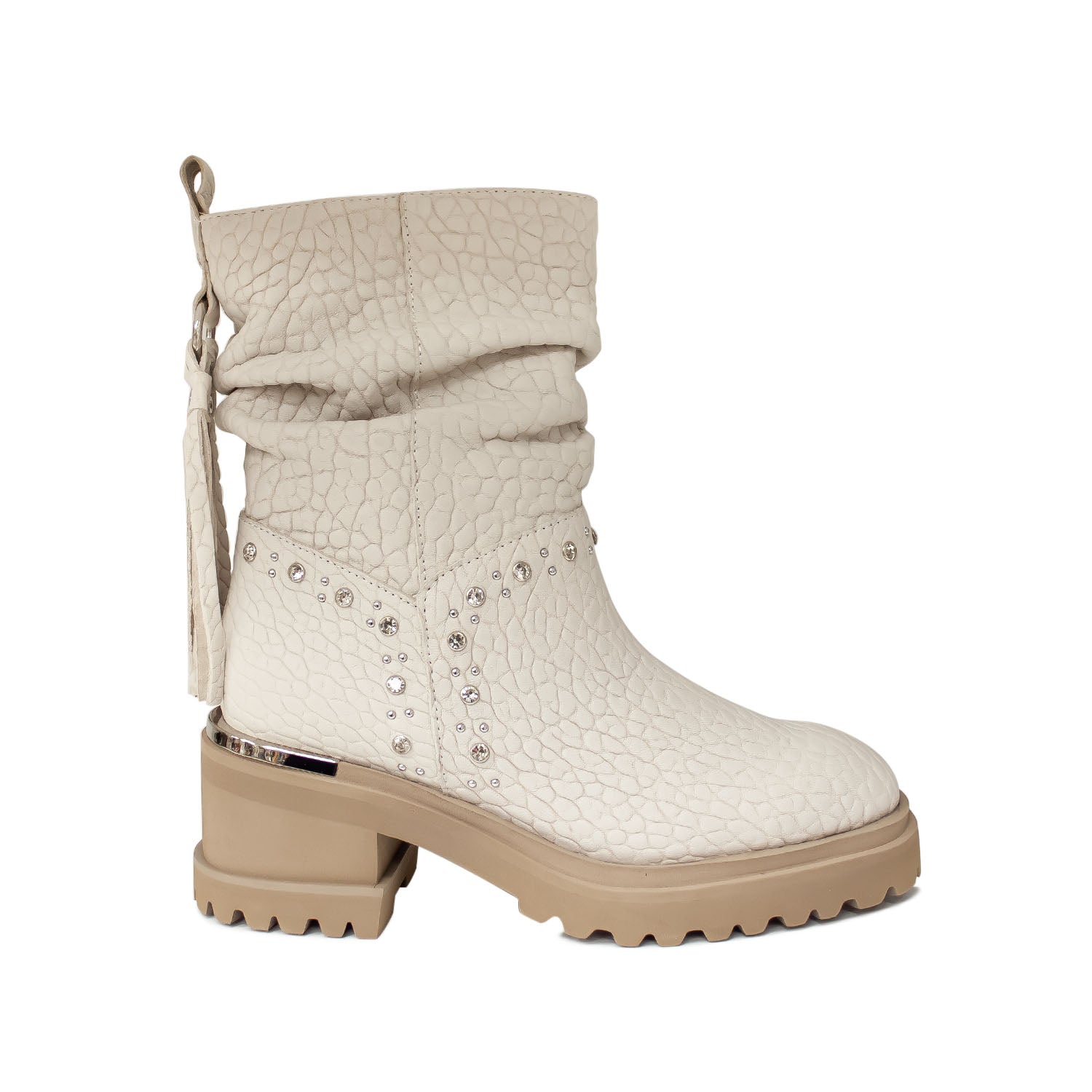 Hiszpańskie botki Alma En Pena z tłoczonej, naturalnej skóry nubukowej, w stylu boho, ocieplane polarem na obcasie i platformie - widok z boku.