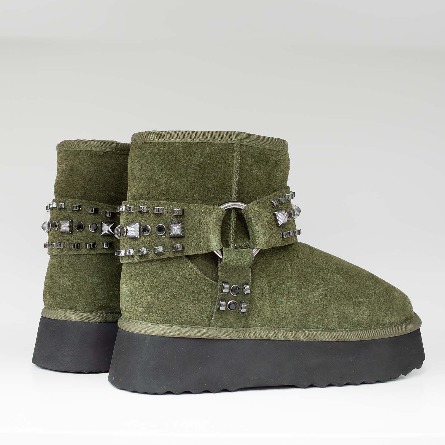 Botki emu hiszpańskiej marki Alma En Pena – zielone (khaki), zamszowe, ocieplane - widok z tyłu