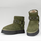 Botki emu hiszpańskiej marki Alma En Pena – zielone (khaki), zamszowe, ocieplane - widok z przodu.