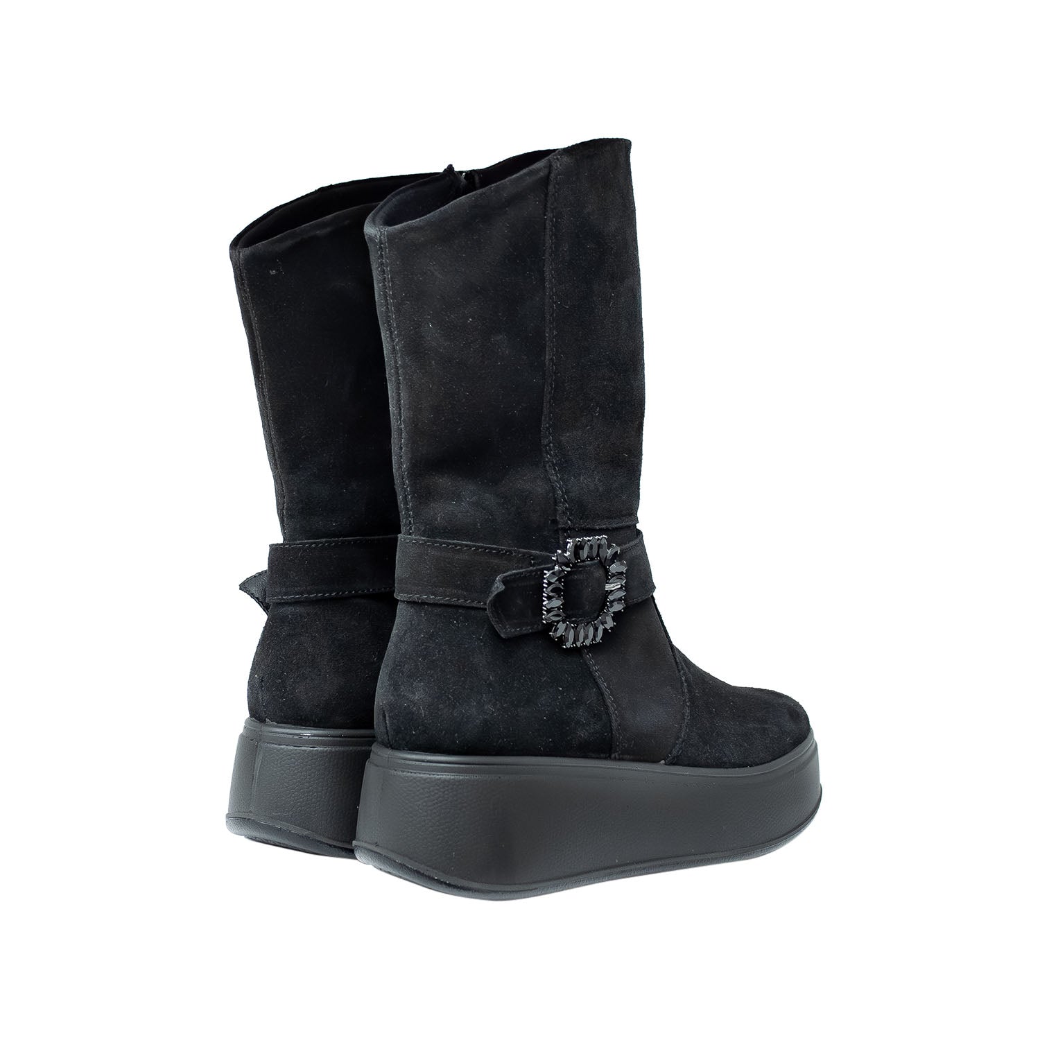 Włoskie Botki Igi&Co ze skóry naturalnej – czarne, zamszowe, na platformie - widok z tyłu.