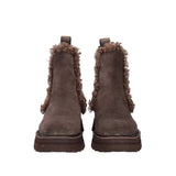 Włoskie botki na platformie marki Tosca Blu – brązowe, zamszowe, z futerkiem - widok z przodu.