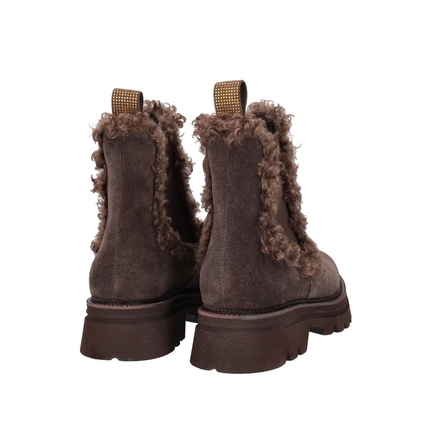 Włoskie botki na platformie marki Tosca Blu – brązowe, zamszowe, z futerkiem - widok z tyłu.