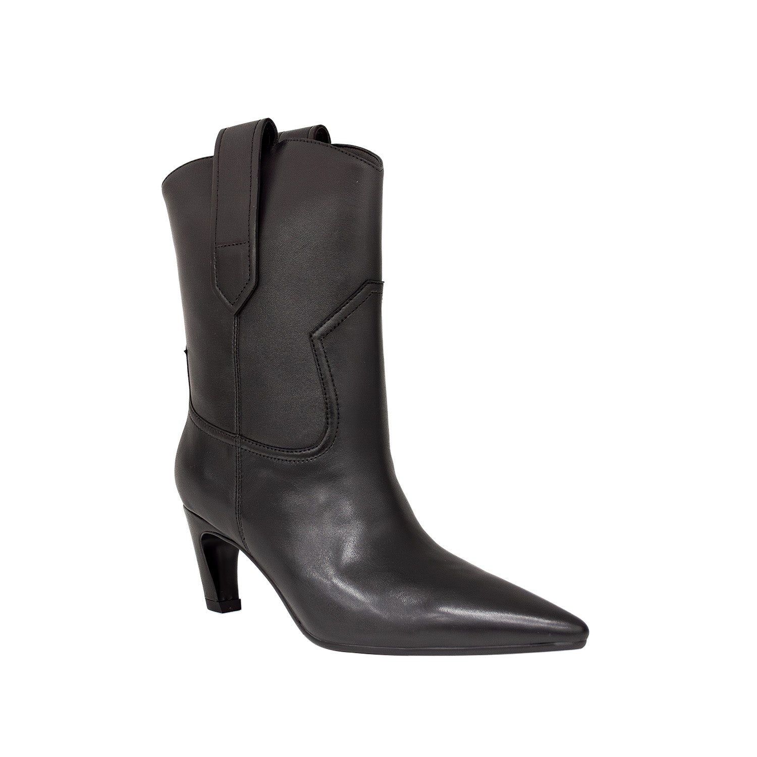 Botki Tuffoni – czarne, skórzane, na obcasie z szeroką cholewką ze skóry naturalnej - widok pod kątem.