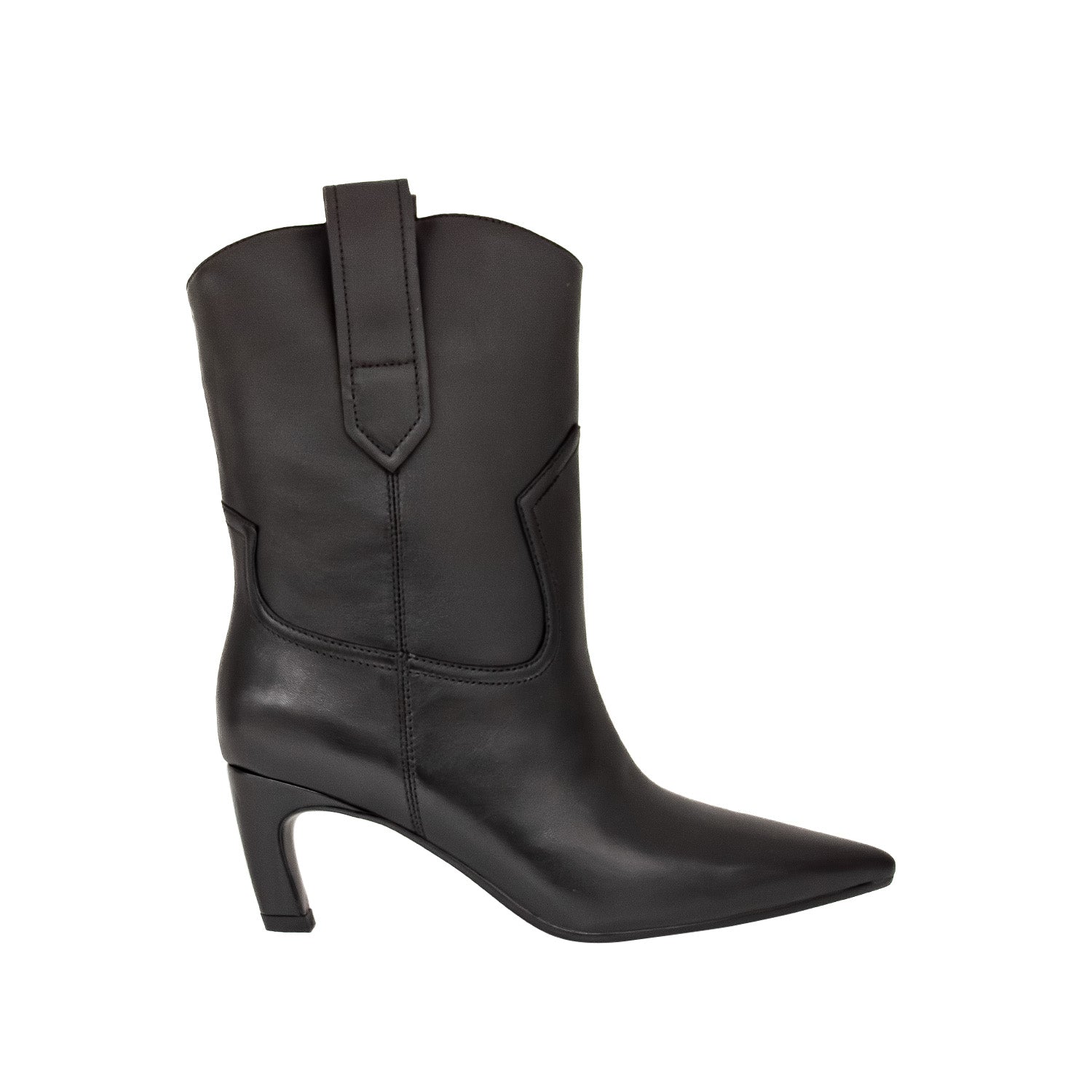 Botki Tuffoni – czarne, skórzane, na obcasie z szeroką cholewką ze skóry naturalnej - widok z boku.