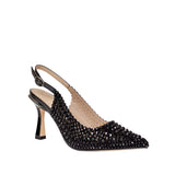 Hiszpańskie czółenka Alma En Pena – czarne, z cyrkoniami, szpilki ze skóry naturalnej licowej i zamszowej - widok pod kątem.