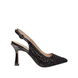 Hiszpańskie czółenka Alma En Pena – czarne, z cyrkoniami, szpilki ze skóry naturalnej licowej i zamszowej - widok z boku.