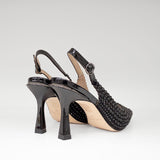 Hiszpańskie czółenka Alma En Pena – czarne, z cyrkoniami, szpilki ze skóry naturalnej licowej i zamszowej - widok z tyłu.