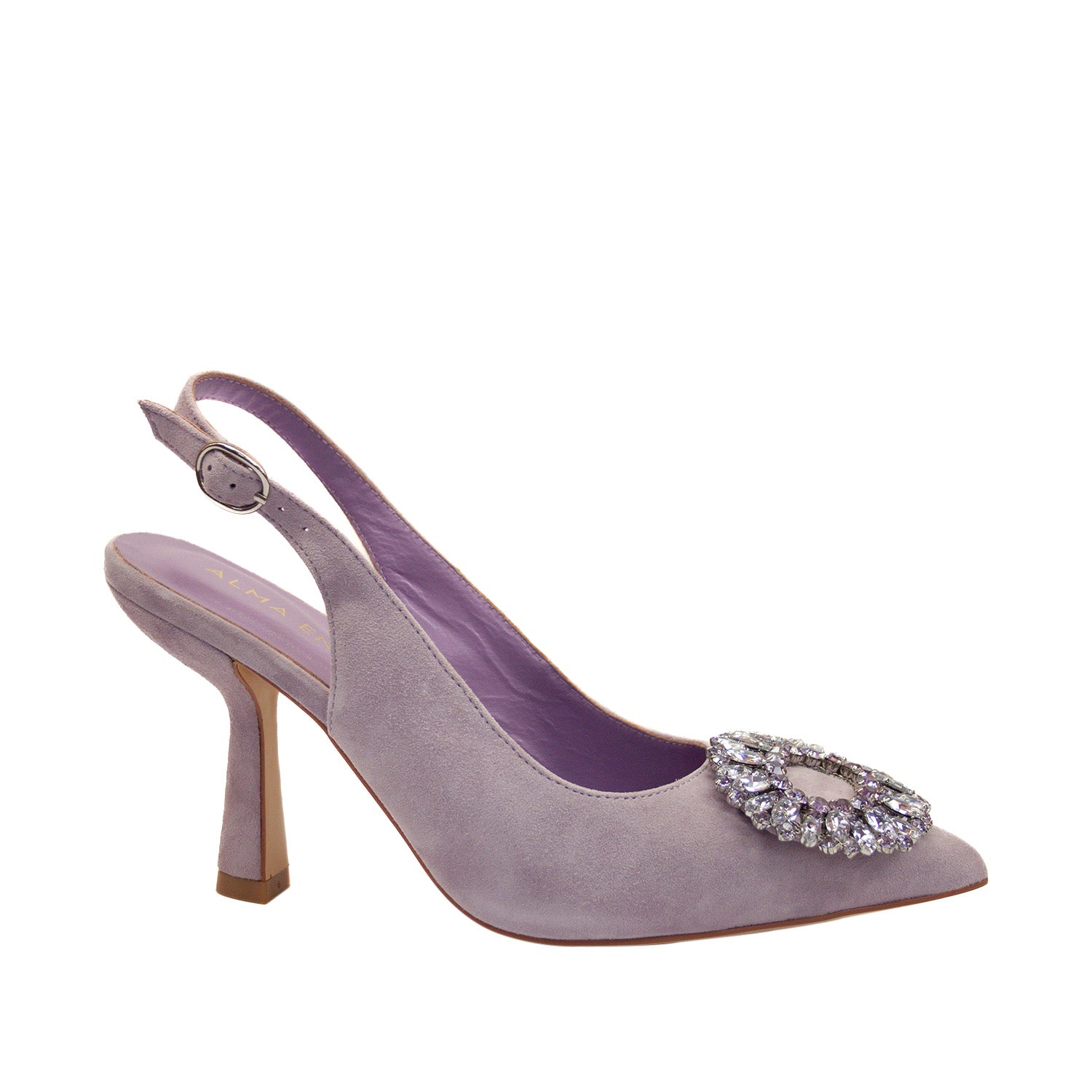 Czółenka Alma En Pena – fioletowe, z cyrkoniami, bez pięty – widok pod kątem na subtelny zamsz i ozdobną rozetę z kryształków