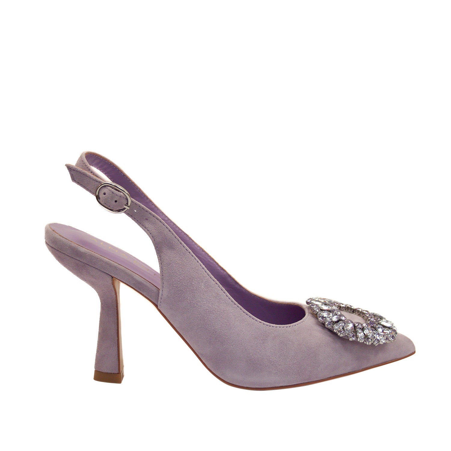 Czółenka Alma En Pena – fioletowe, z cyrkoniami, bez pięty – widok z boku na elegancki fason z odkrytą piętą i wysokim obcasem