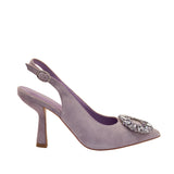 Czółenka Alma En Pena – fioletowe, z cyrkoniami, bez pięty – widok z boku na elegancki fason z odkrytą piętą i wysokim obcasem