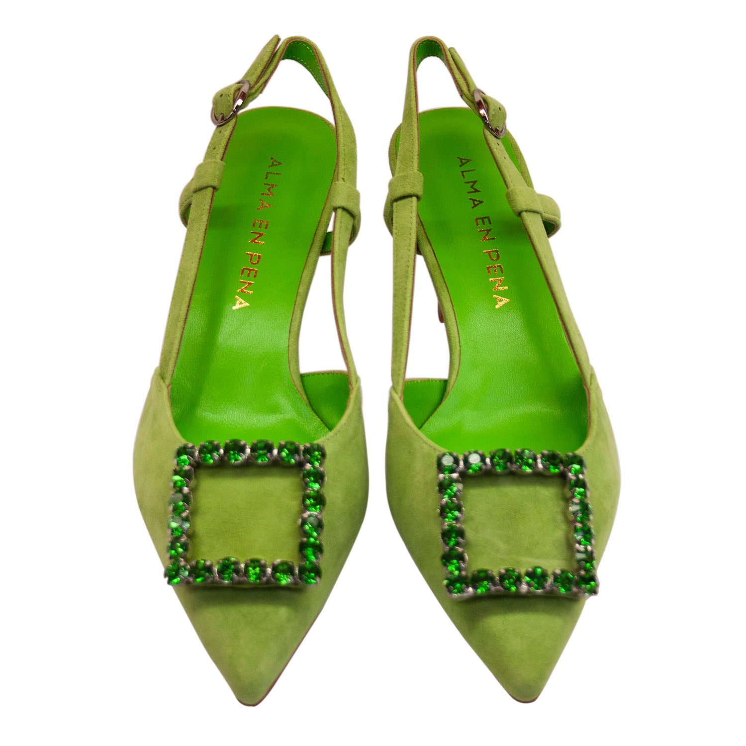 Czółenka Alma En Pena widok z góry na białym tle – wygodna zielona wkłądka i mieniące się cyrkonie.