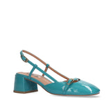 Czółenka Bibi Lou w turkusowym kolorze, widok boczny. Skórzane wykończenie i elegancki niski obcas