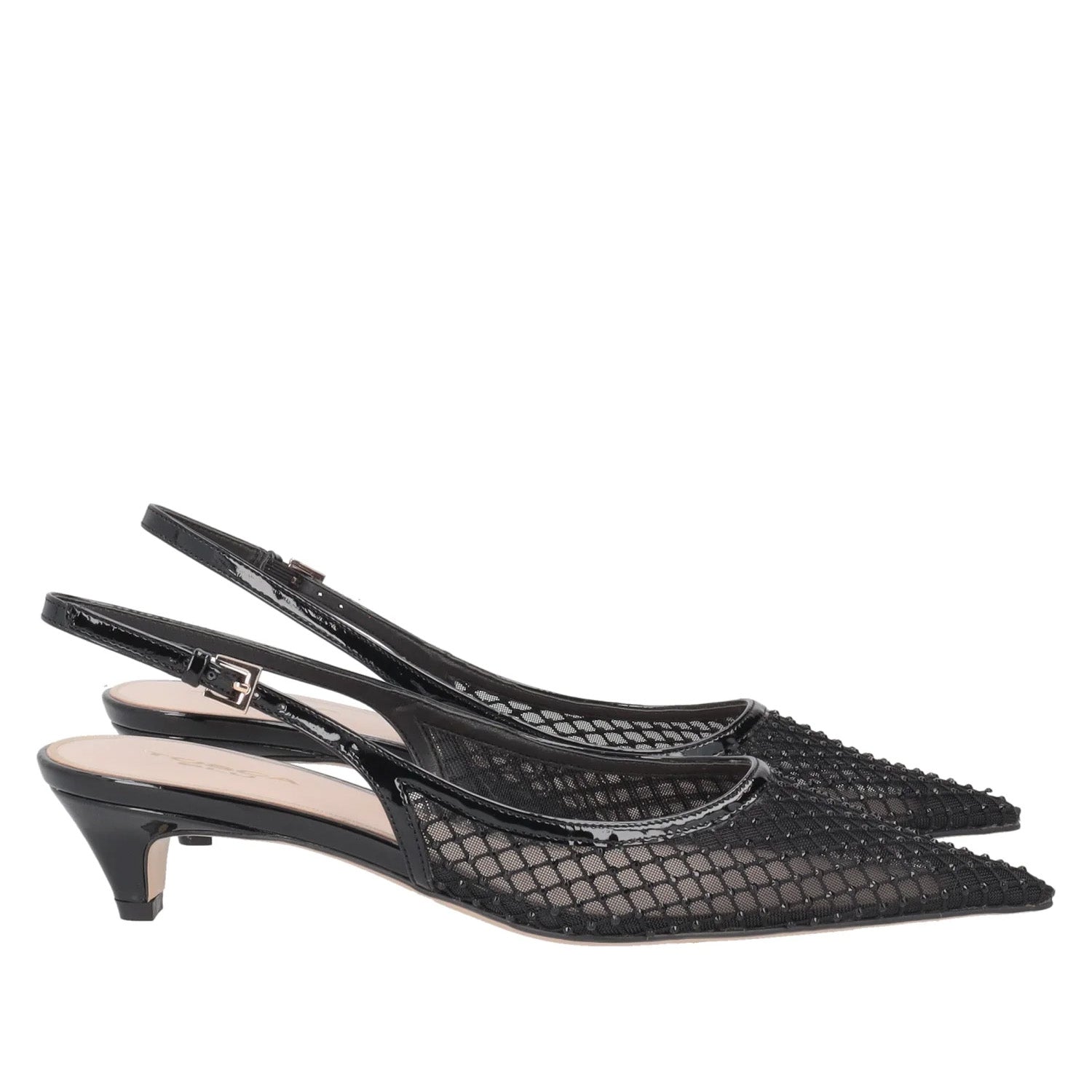 Czółenka Tosca Blu – czarne, z odkrytą piętą, siateczkowe w ujęciu bocznym ukazują siateczkową strukturę cholewki i smukły kształt.