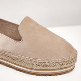 Zbliżenie na przód cholewki – espadryle Marc O’Polo beżowe zamszowe skórzane z wysoką platformą i grubym szwem