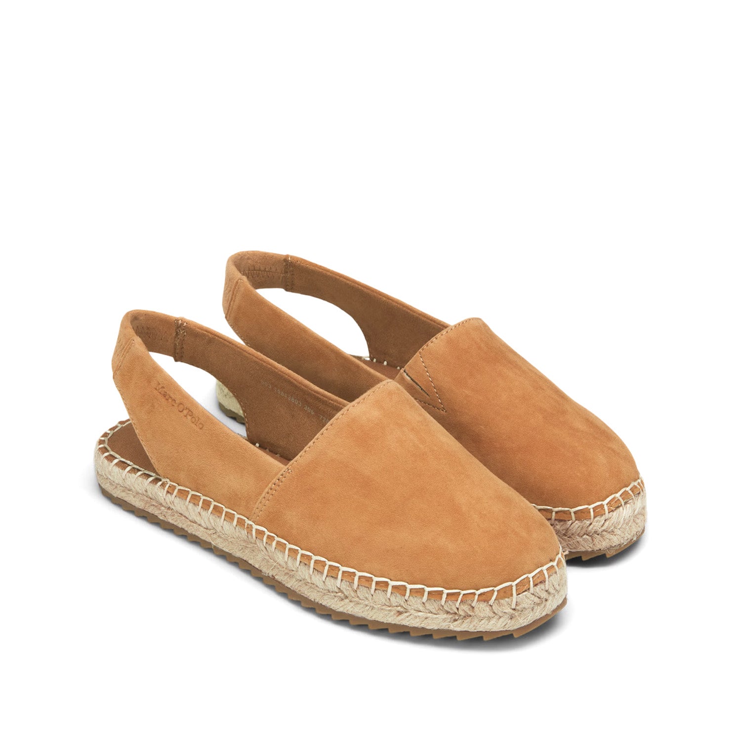 Espadryle Marc O’Polo skórzane zamszowe bez pięty – ujęcie pod kątem, eksponujące kształt cholewki i plecioną podeszwę.
