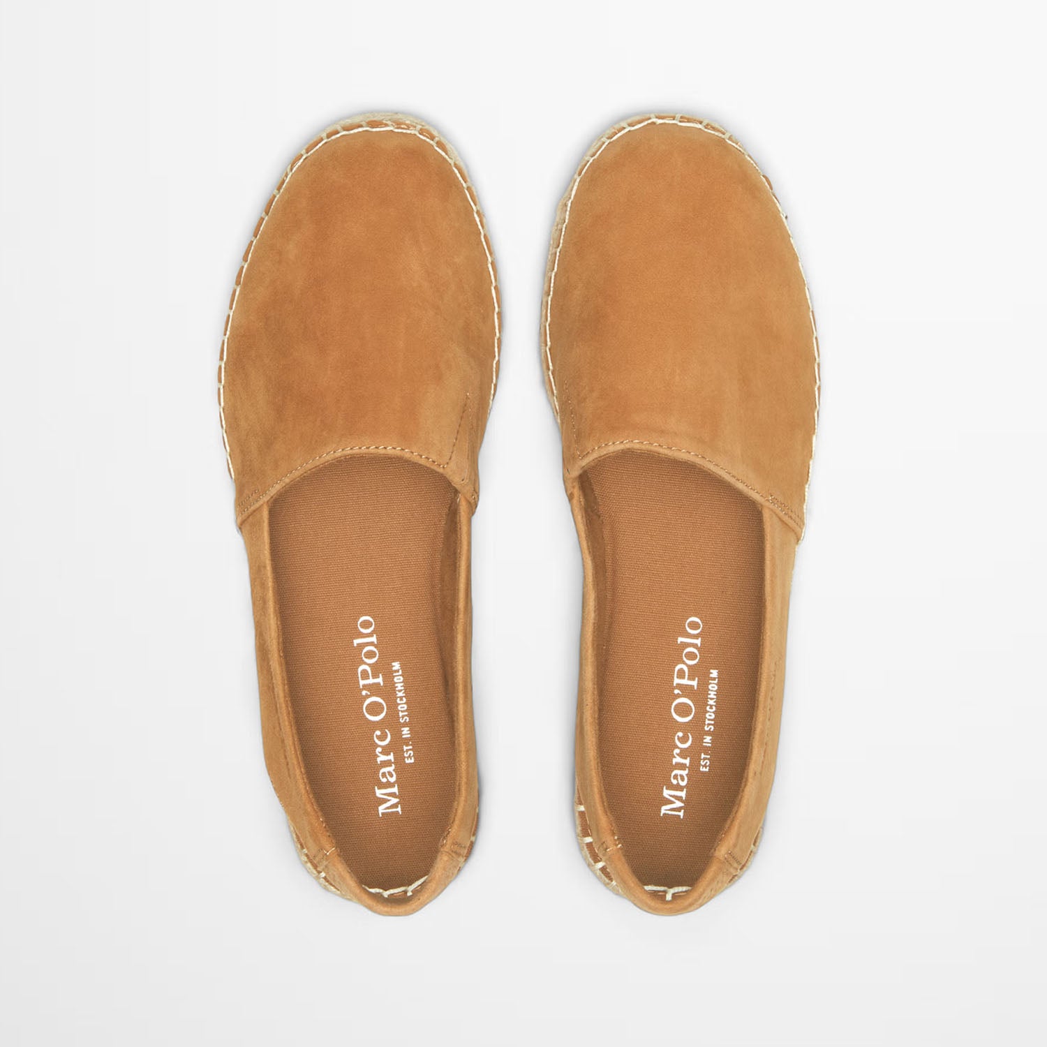 Espadryle Marc O’Polo skórzane zamszowe bez pięty – widok z góry, pokazujący wnętrze i logo na wkładce.