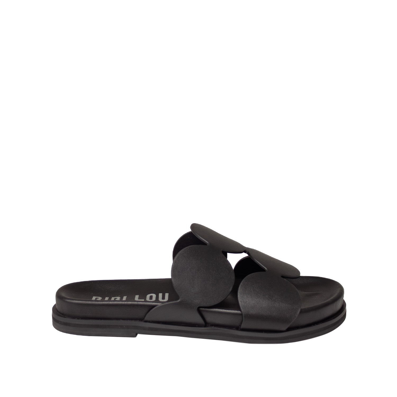 Skórzane klapki hiszpańskiej marki Bibi Lou – czarne, designerskie, ze skóry naturalnej, widok z boku.