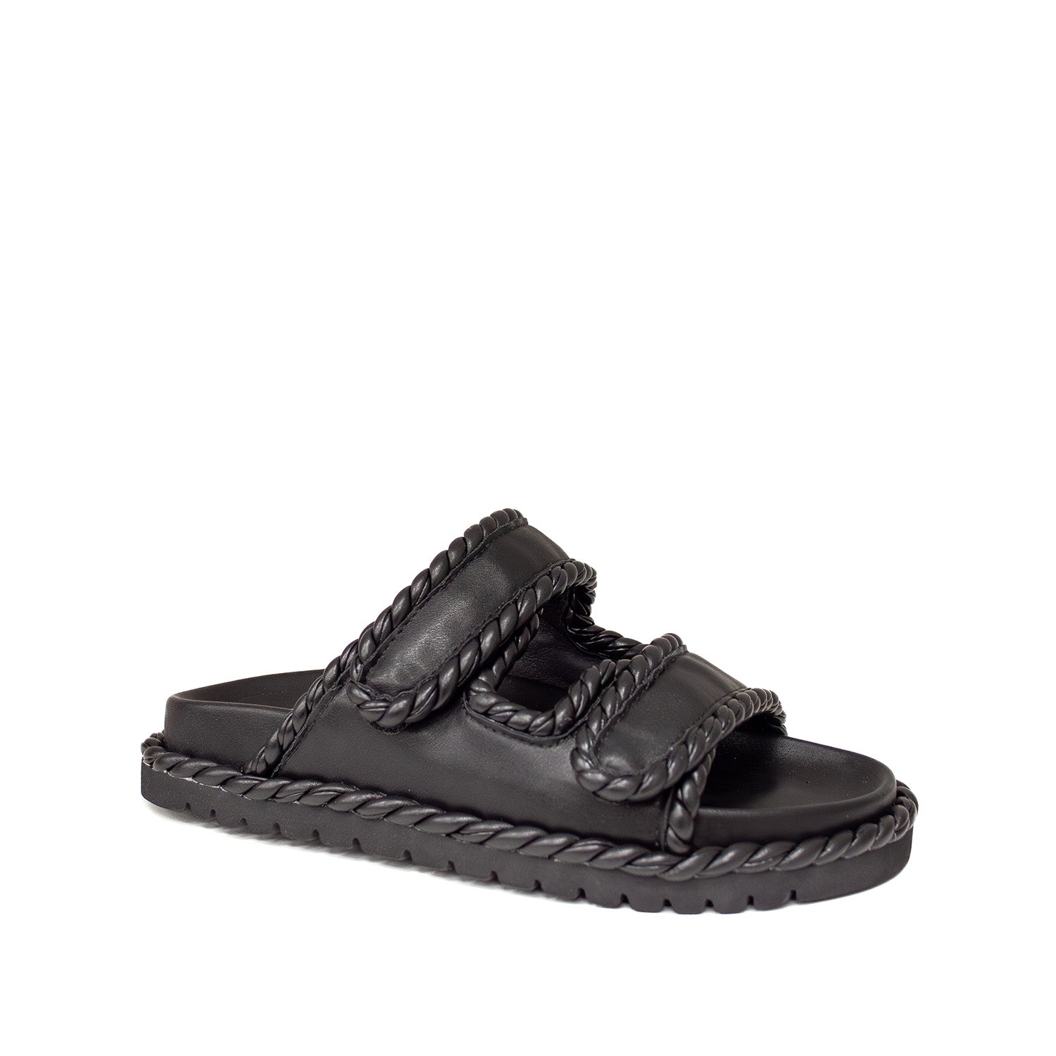 Miękkie i wygodne Klapki Bibi Lou – czarne, na platformie, hiszpańskie, widok pod kątem.