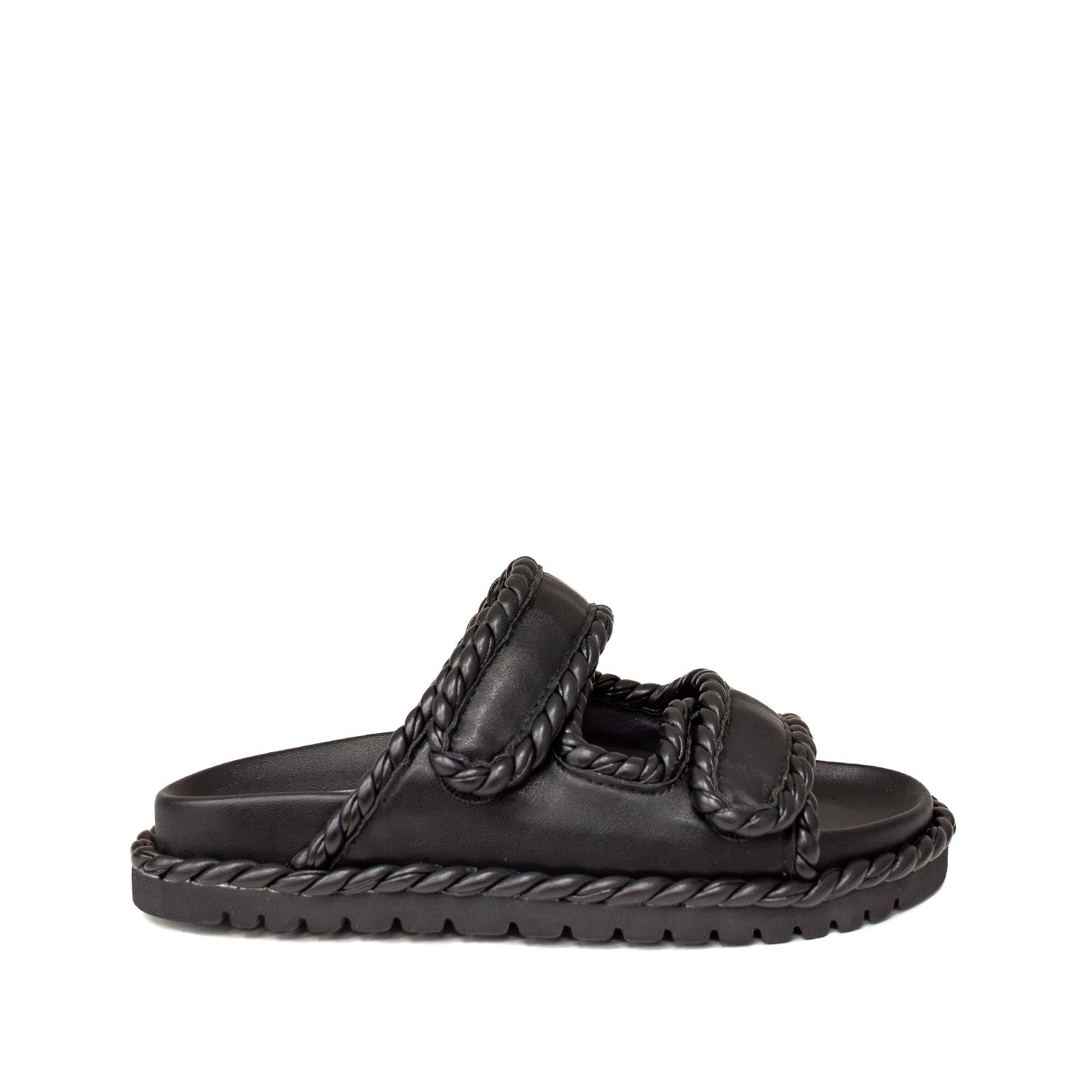 Miękkie i wygodne Klapki Bibi Lou – czarne, na platformie, hiszpańskie, widok z boku.