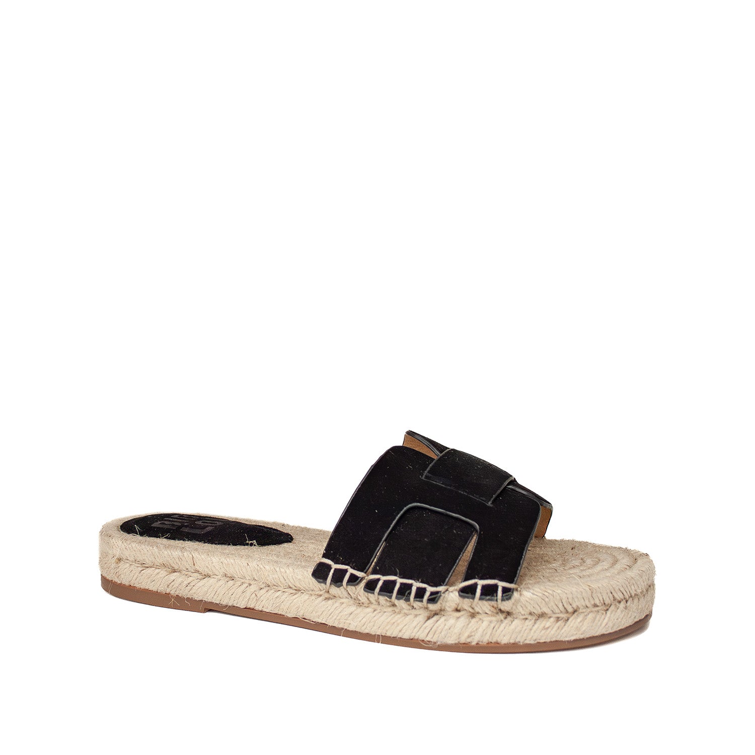 Hiszpańskie Klapki Bibi Lou w stylu espadryli, zamszowe, z naturalnej plecionki - widok pod kątem.