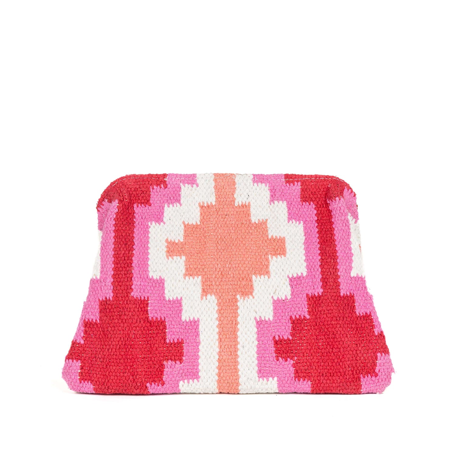 Kopertówka Piti Cuiti – bawełniana torebka z geometrycznym wzorem w odcieniach czerwieni, różu i bieli, widok z przodu.