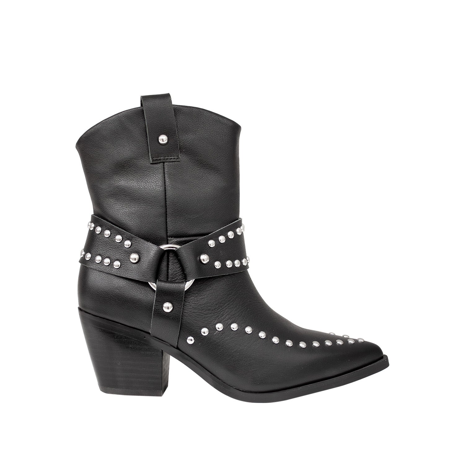 Kowbojki Tosca Blu – czarne, skórzane, z napami - widok z boku.