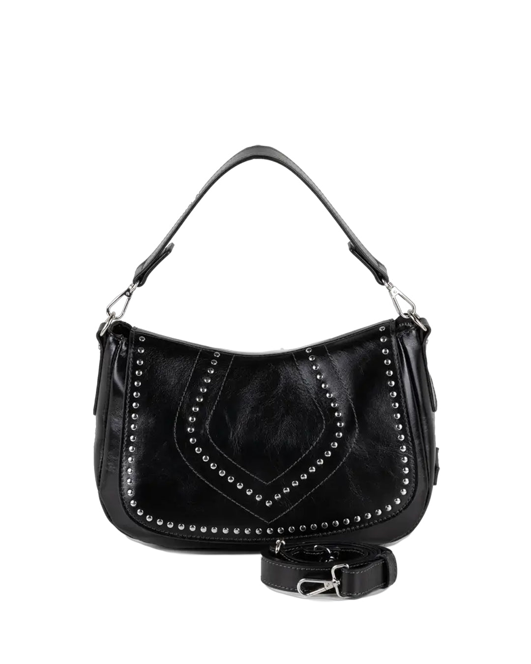 Listonoszka Ripani – czarna, skórzana, z nitami - widok z przodu.