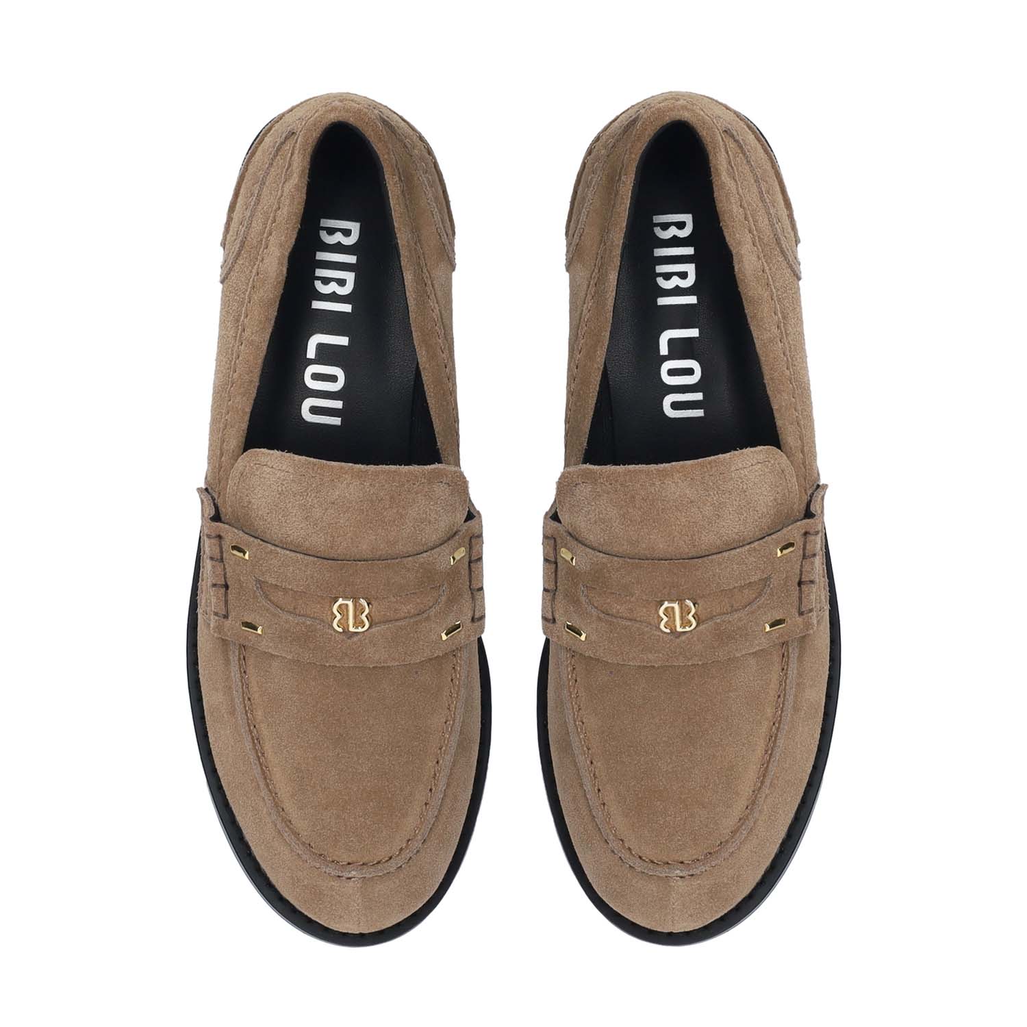 Loafersy hiszpańśkiej marki Bibi Lou – taupe, skórzane, zamszowe - widok z góry.