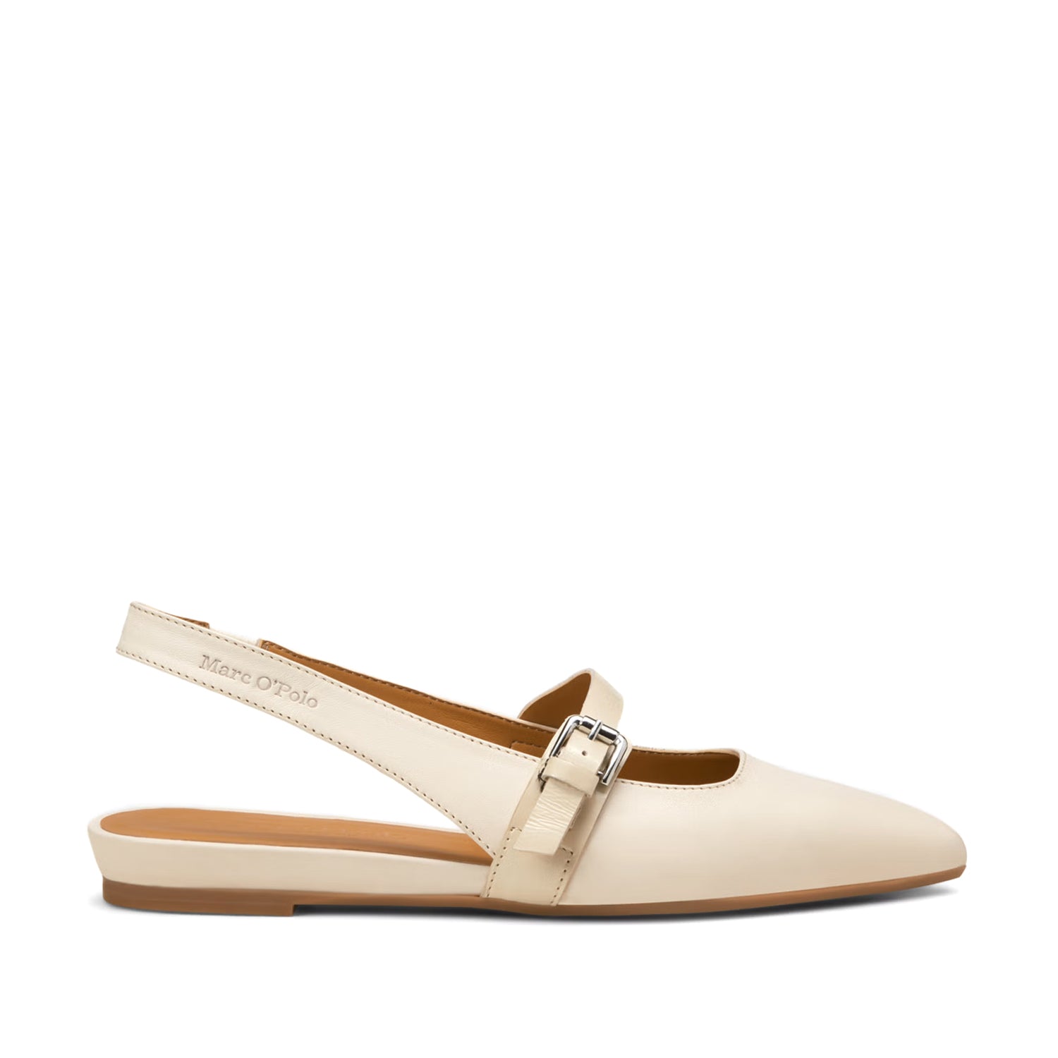 Mary Jane Marc O’Polo białe skóra naturalna – widok z boku, pokazujący smukły profil i elegancki pasek z klamrą.