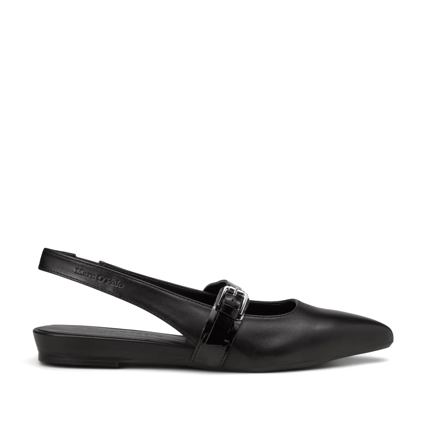 Mary Jane Marc O’Polo czarne, skóra naturalna – widok z boku, podkreślony pasek przez podbicie i spiczasty nosek.