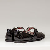 Czarne lakierowane Mary Jane Tuffoni z widoczną piętą i metalową aplikacją z tyłu