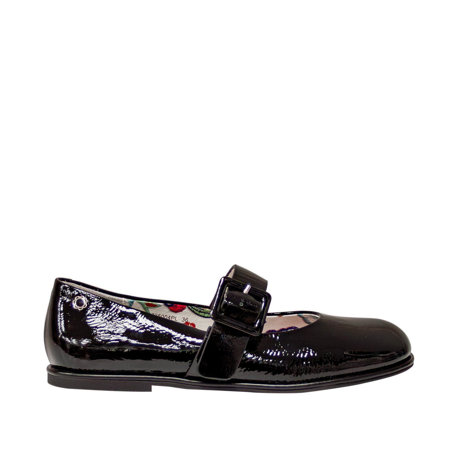 Profil czarnych Mary Jane Tuffoni – lakierowana powierzchnia, szeroki pasek i elegancka, płaska podeszwa