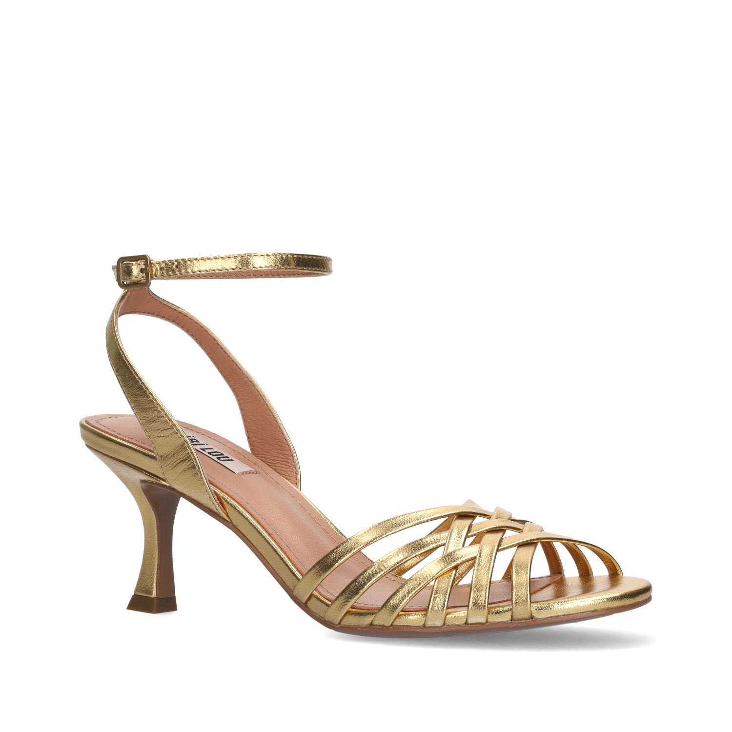 Złote sandały Bibi Lou Kassia uchwycone pod kątem, z eleganckimi paskami i obcasem typu kieliszek, idealne na specjalne okazje.