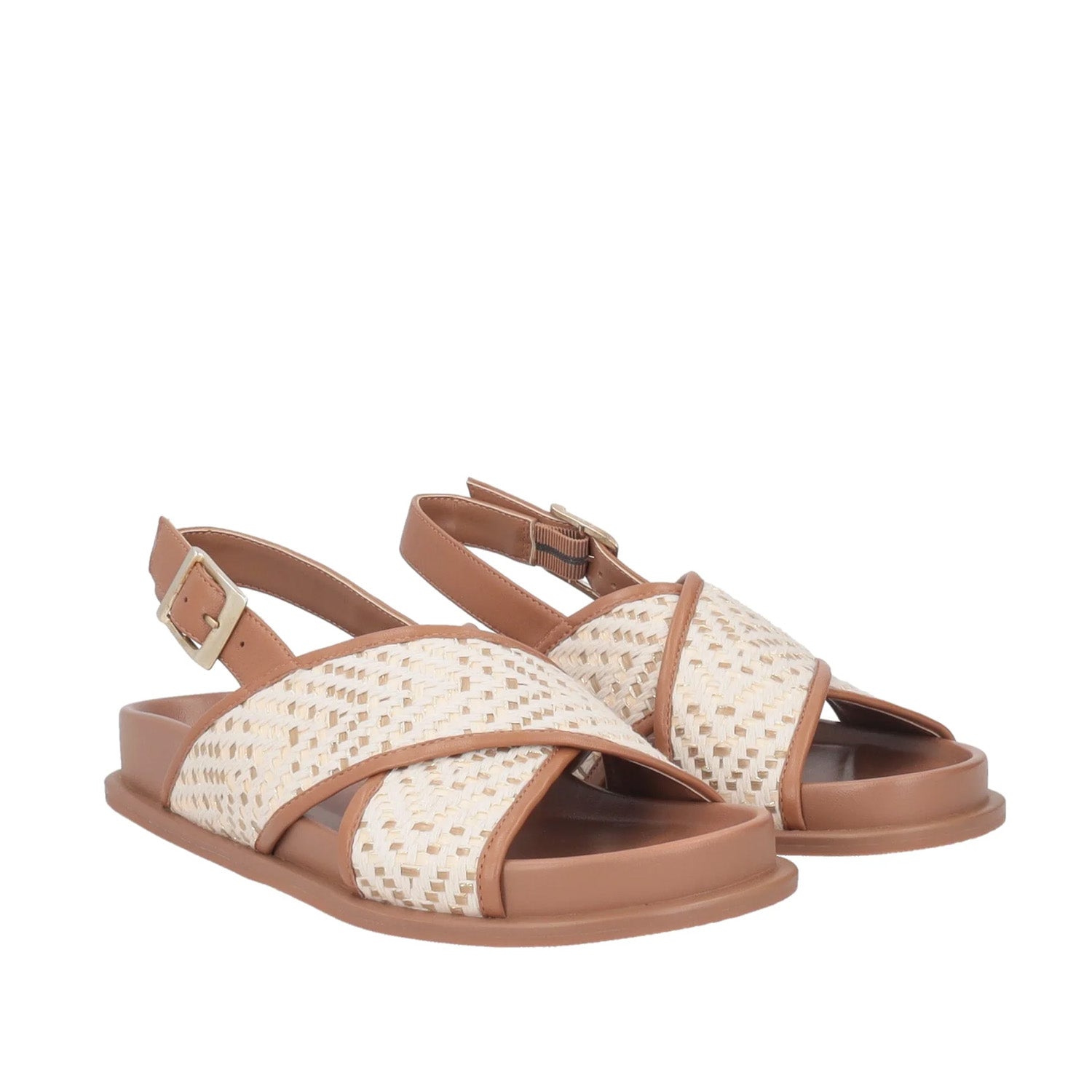 Sandały Tosca Blu – skórzane, z paskami, włoskie – ujęcie pod kątem pokazujące plecioną fakturę pasków, karmelowe wykończenia i subtelną platformę.