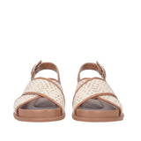 Sandały Tosca Blu – skórzane, z paskami, włoskie – przedni widok na skrzyżowane paski z jasnej plecionki otulające palce i profilowana podeszwa.