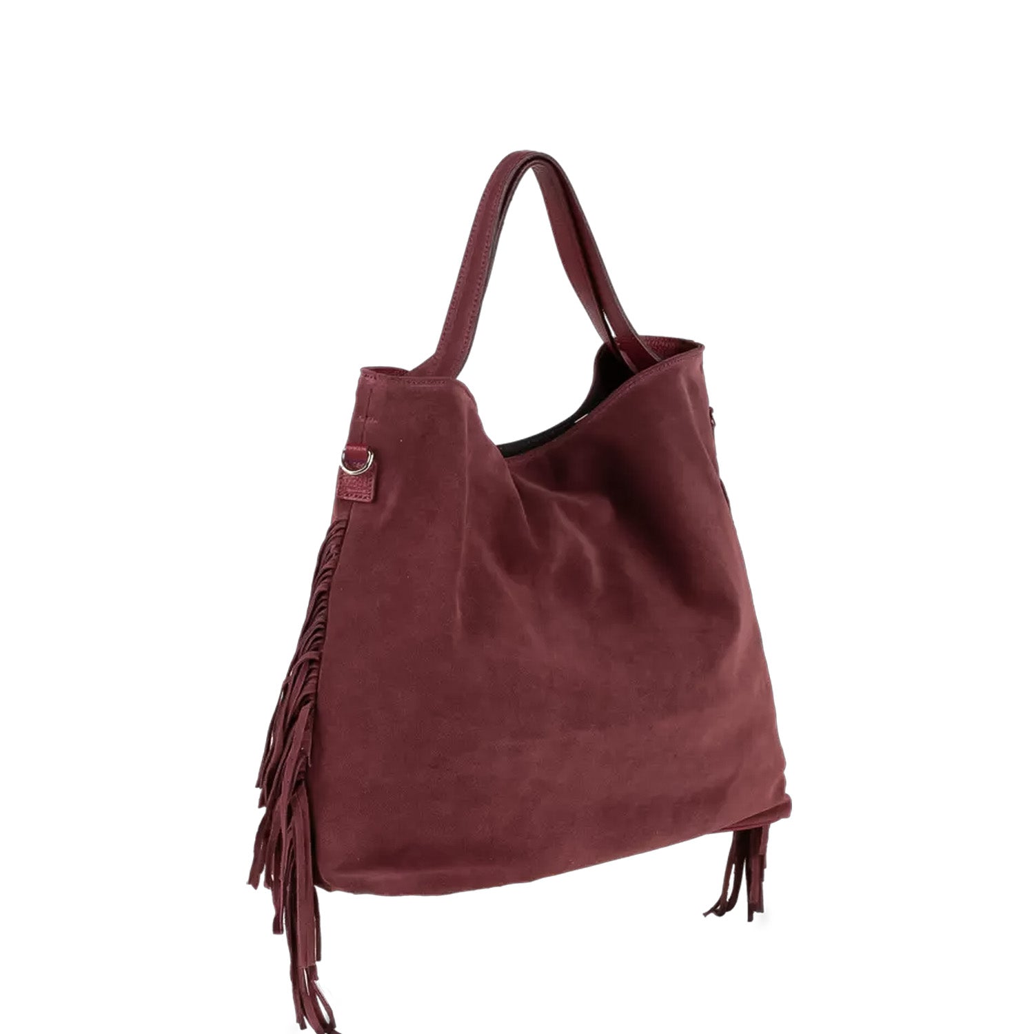 Shopperka Ripani – bordowa, z frędzlami, włoska, ze skóry zamszowej - widok pod kątem.