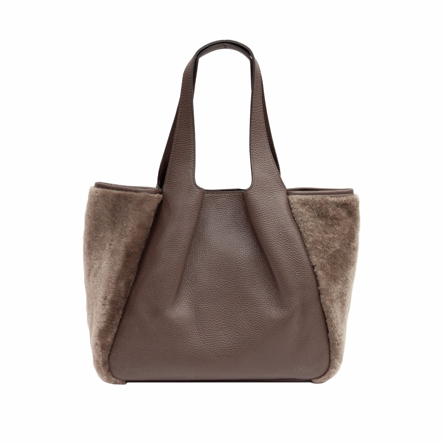 Brązowa shopperka Vesuvio włoskie marki Ripani wykonana z naturalnej skóry licowej oraz futrzastych wstawek po bokach - widok z przodu.