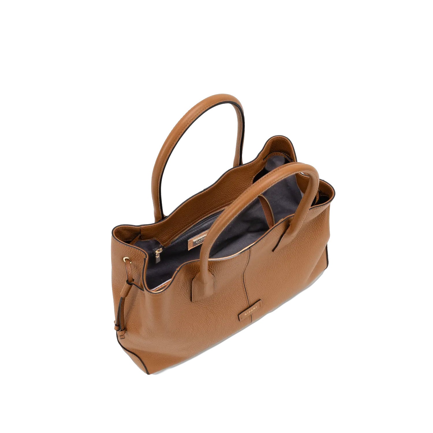 Torebka Ripani w kolorze camelowym, widziana z góry – otwarte wnętrze z ciemną materiałową podszewką, kieszonką na zamek.