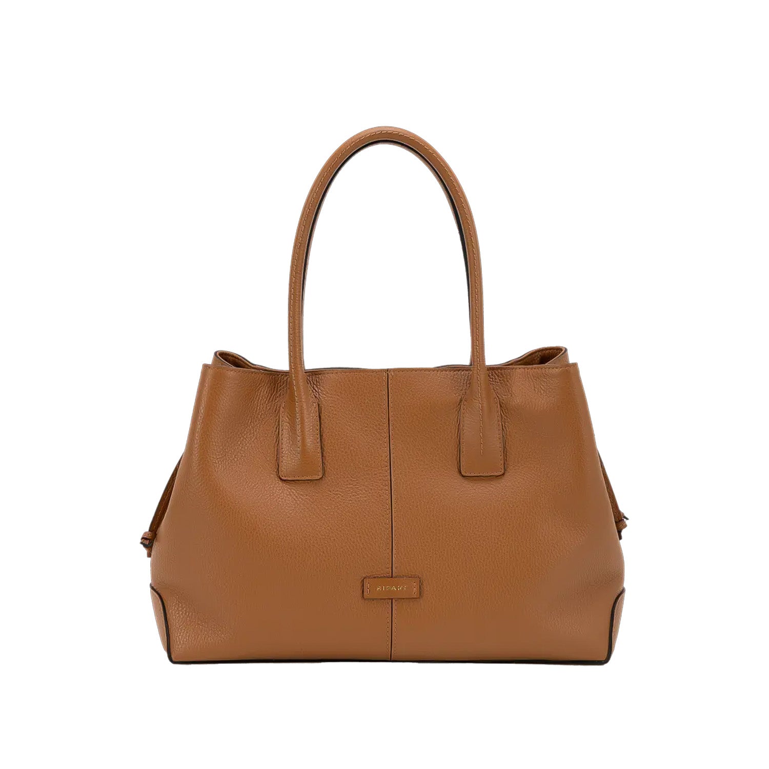 Brązowa shopperka Ripani widziana z przodu, z dwoma długimi uchwytami i subtelnym logo na środku, wykonana z groszkowanej skóry licowej.