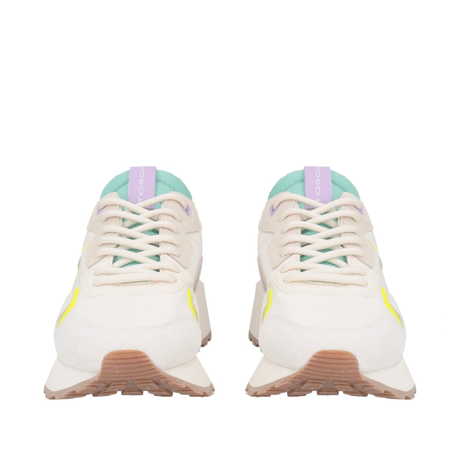 Sneakersy Tosca Blu – skórzane, zamszowe, włoskie, widok z przodu – dynamiczna linia sznurowania, zielony język i beżowe wykończenia zamszowe.