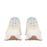 Sneakersy Tosca Blu – skórzane, zamszowe, włoskie, widok z przodu – dynamiczna linia sznurowania, zielony język i beżowe wykończenia zamszowe.