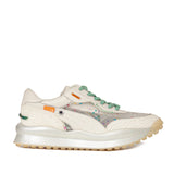 Sneakersy Tuffoni – ecru, z siateczką, skórzane w ujęciu z boku, z połyskującą podeszwą i jasną cholewką ozdobioną barwnymi drobinkami.