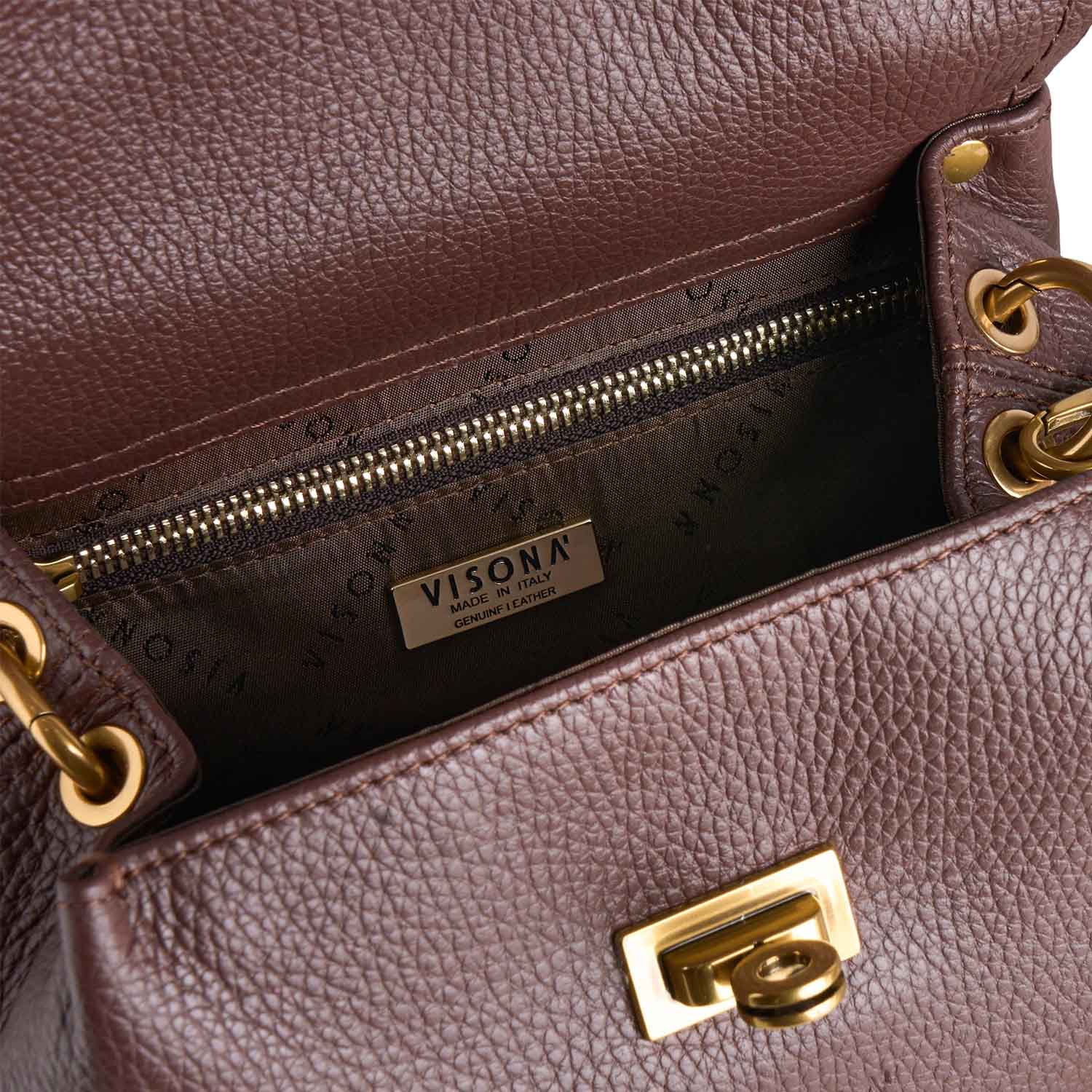 Torebka włoskiej marki Plinio Visona – brązowa, włoska, kuferek - widok wnętrza.