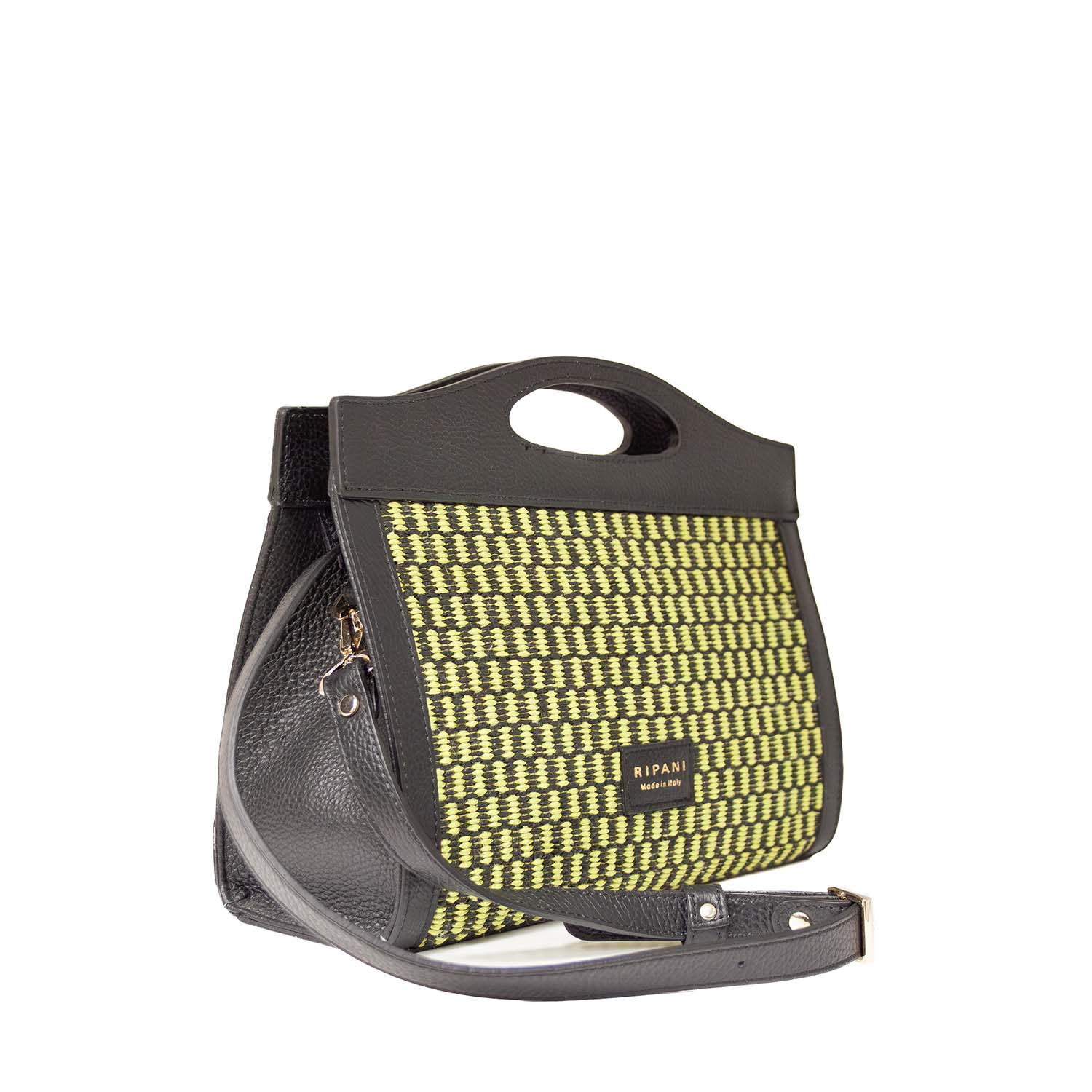 Torebka Ripani – zielona, włoska, typu kuferek z naturalnej skóry oraz naturalnej rafii - widok z boku.